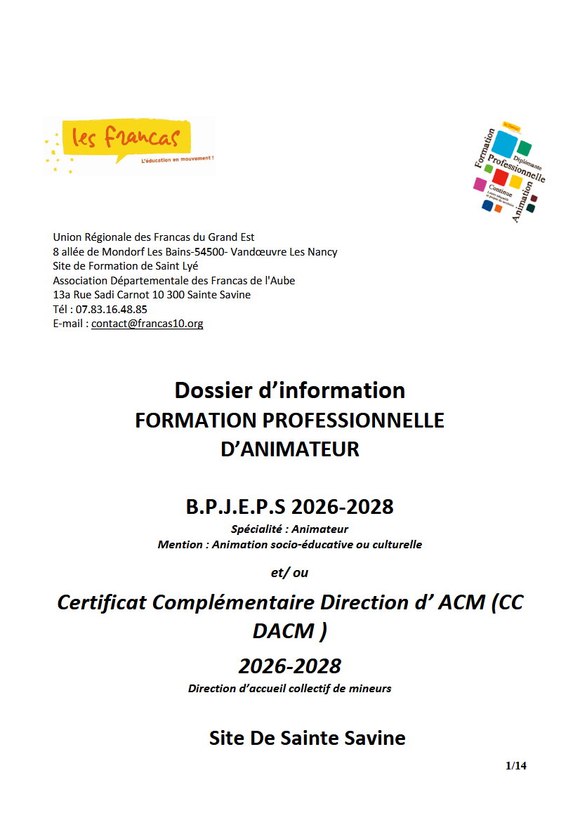 Dossier inscription BPJEPS Sainte Savine 2026-2028